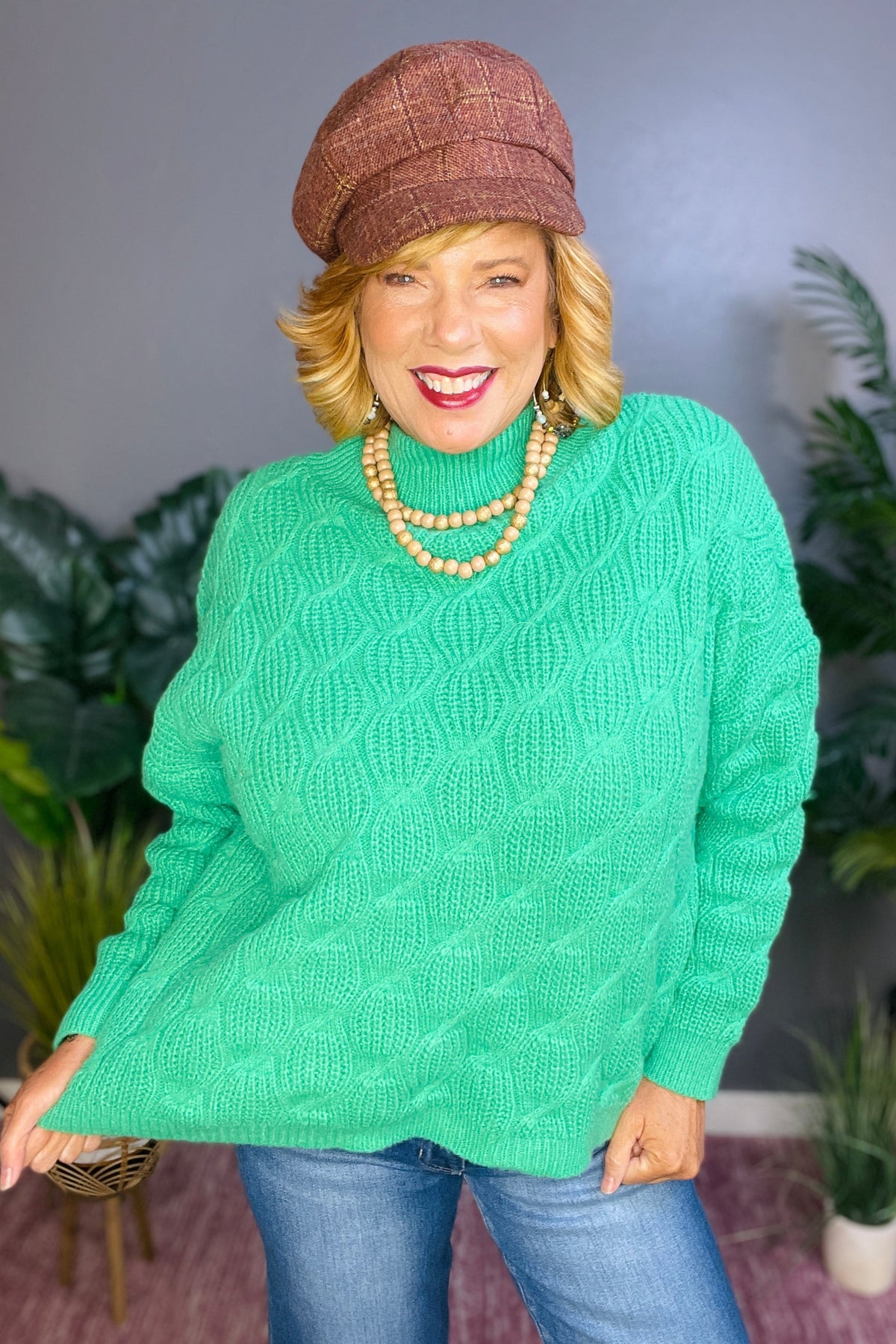 Cozy Up Cable Green Mock Sweater - S009GN