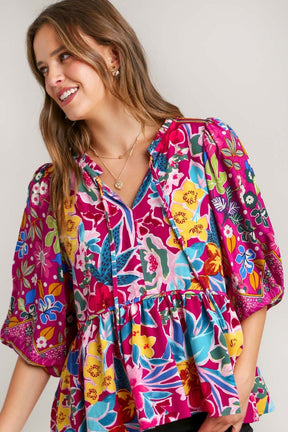 Mulberry Lane Floral Print Tie Neck Peplum Blouse Plus Size - T11052MB