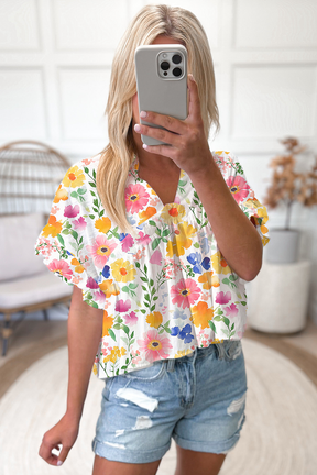 The Floral Edit Yellow Ruffled Sleeve V Neck Top