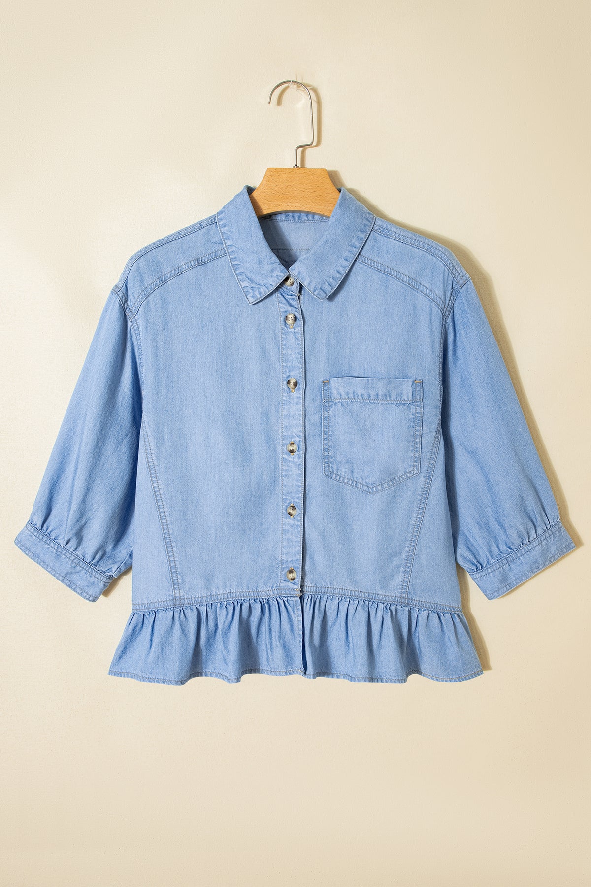 Street Chic Ruffled High Low Chambray Top