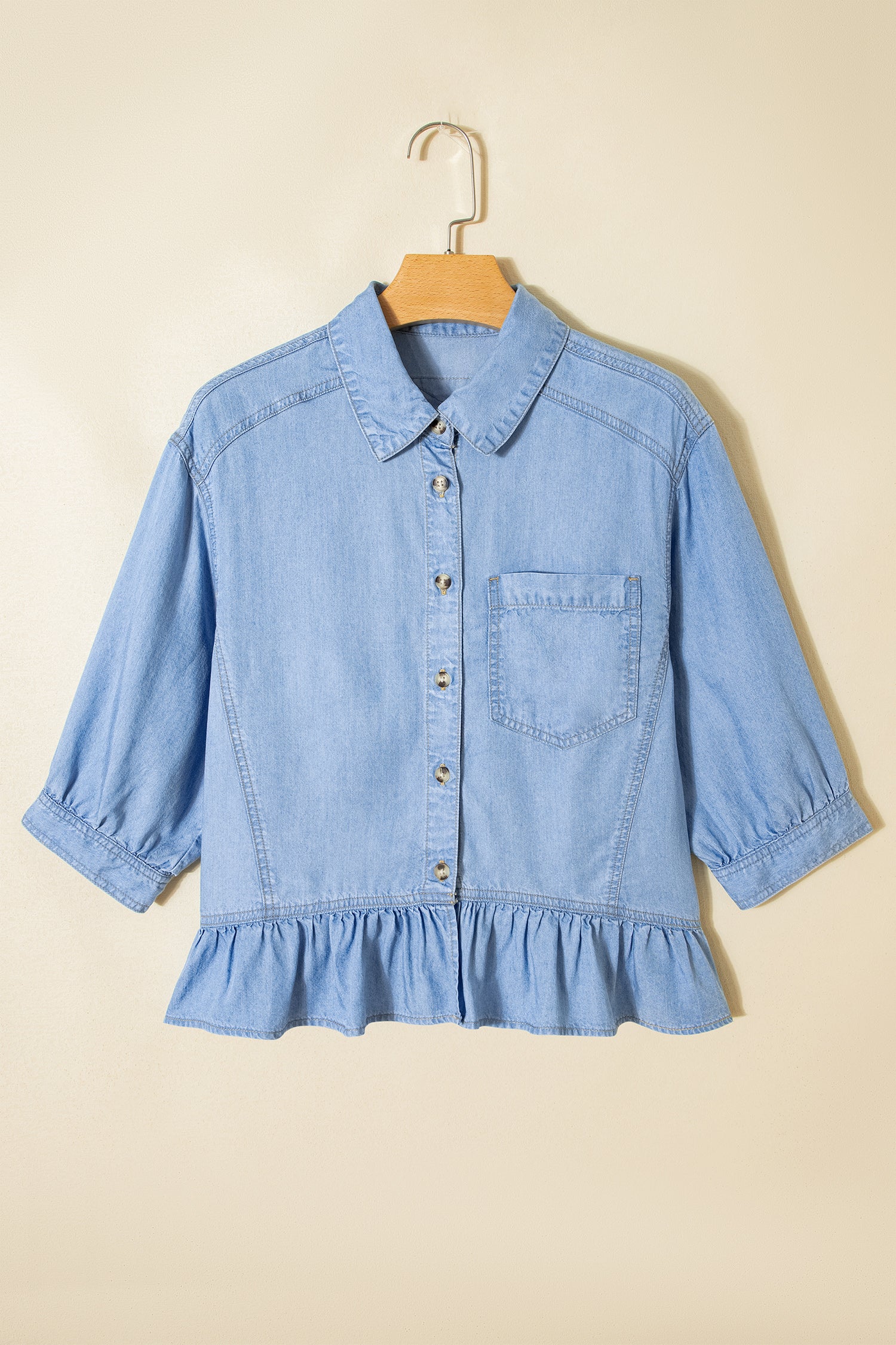 Street Chic Ruffled High Low Chambray Top