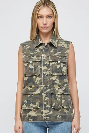 Now you see me Now you Don't -Green Camo Cargo Denim Vest
