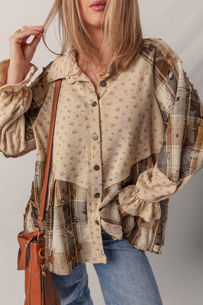 Simply Boho Oatmeal Plaid Patchwork Distressed Waffle Knit Shacket