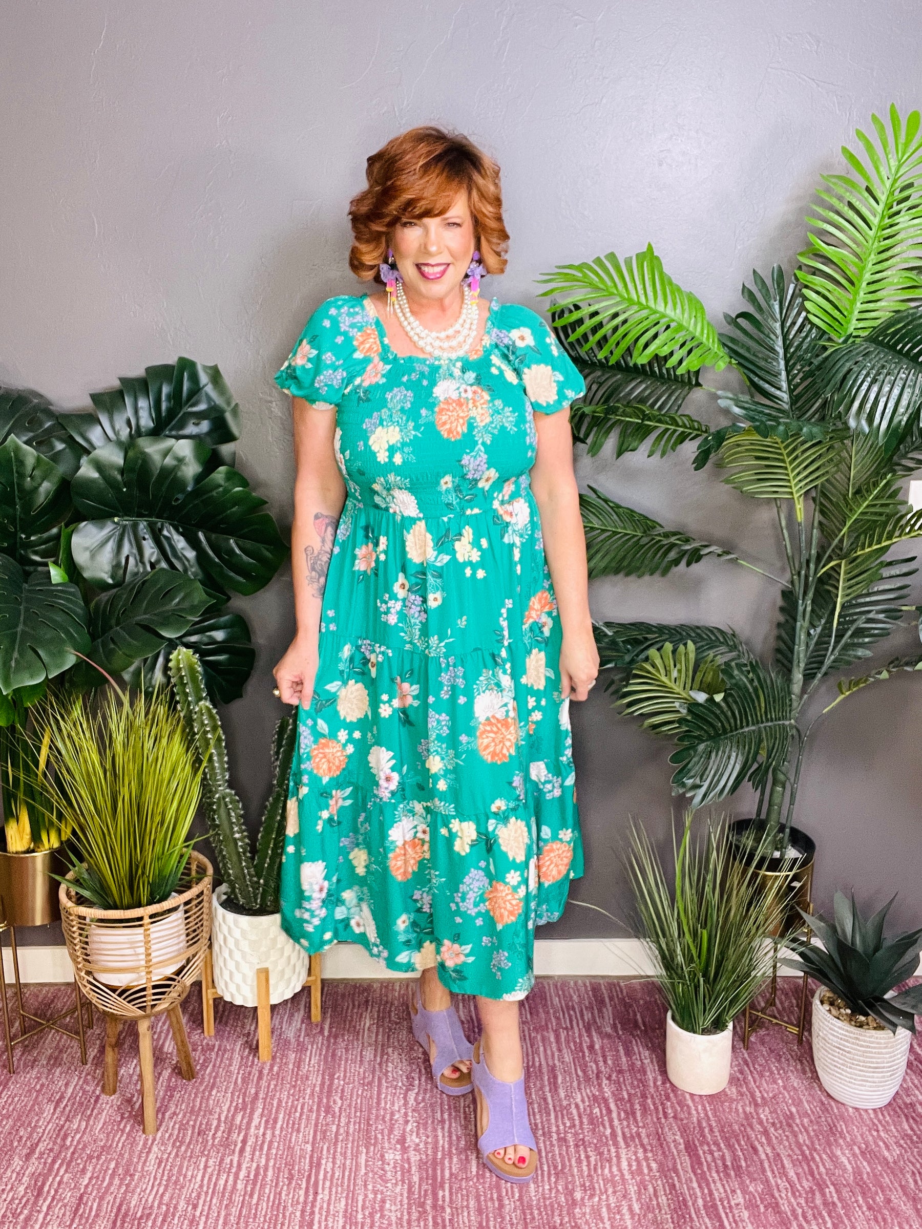 Garden Stroll Floral Print Smocked Tiered Midi Dress