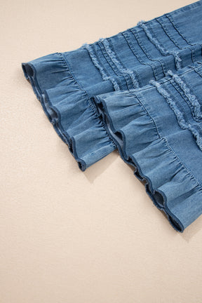On The Scene Ruffled Hem Wide Leg Chambray Pants