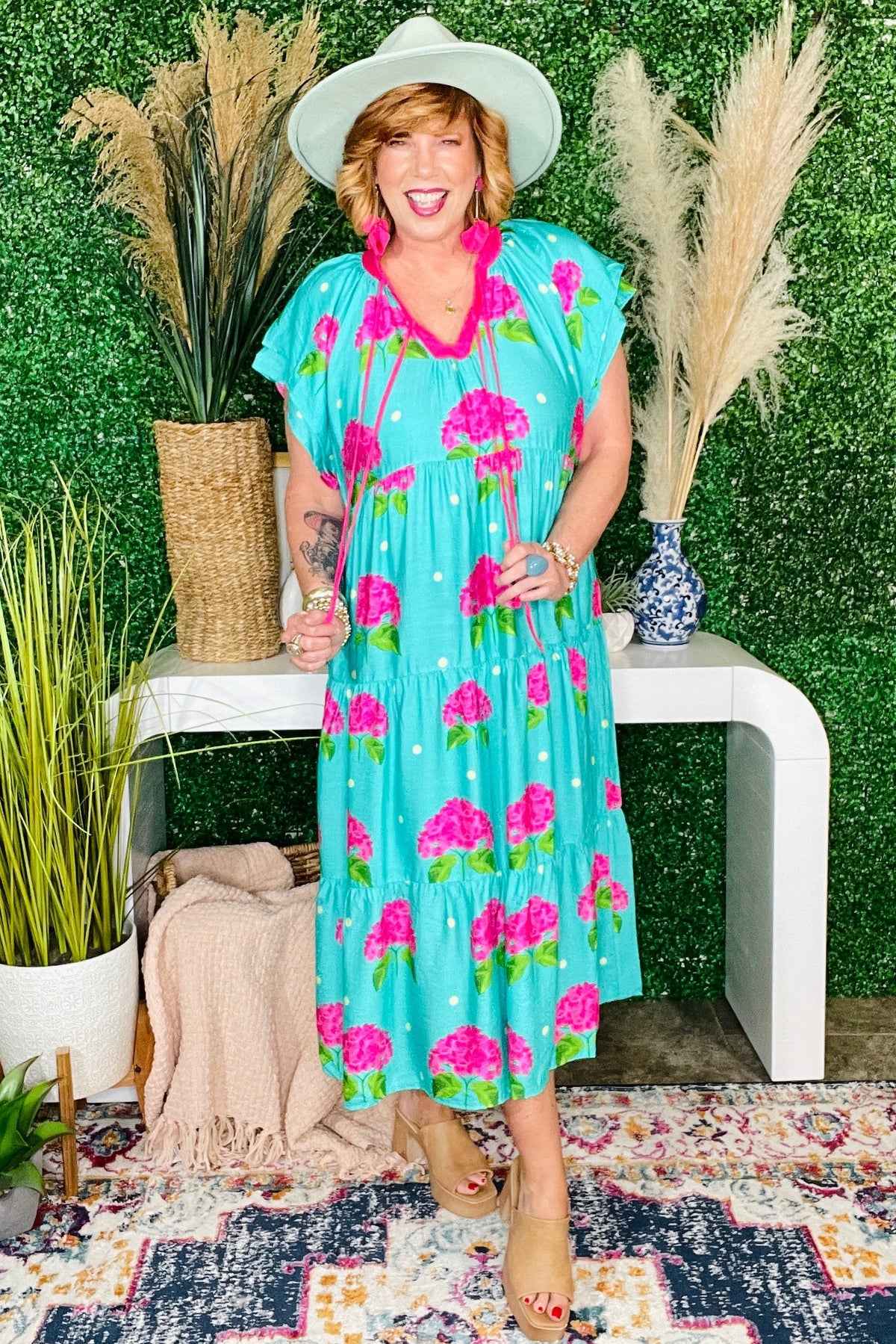 Floral Daydreams Hydrangea Print Tiered Midi Dress