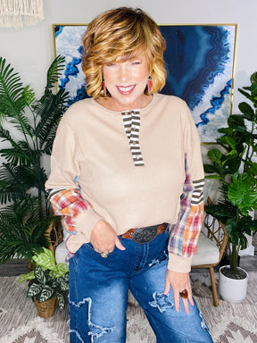 Rustic Retreat Plaid Patchwork Henley Top (2 Colors)