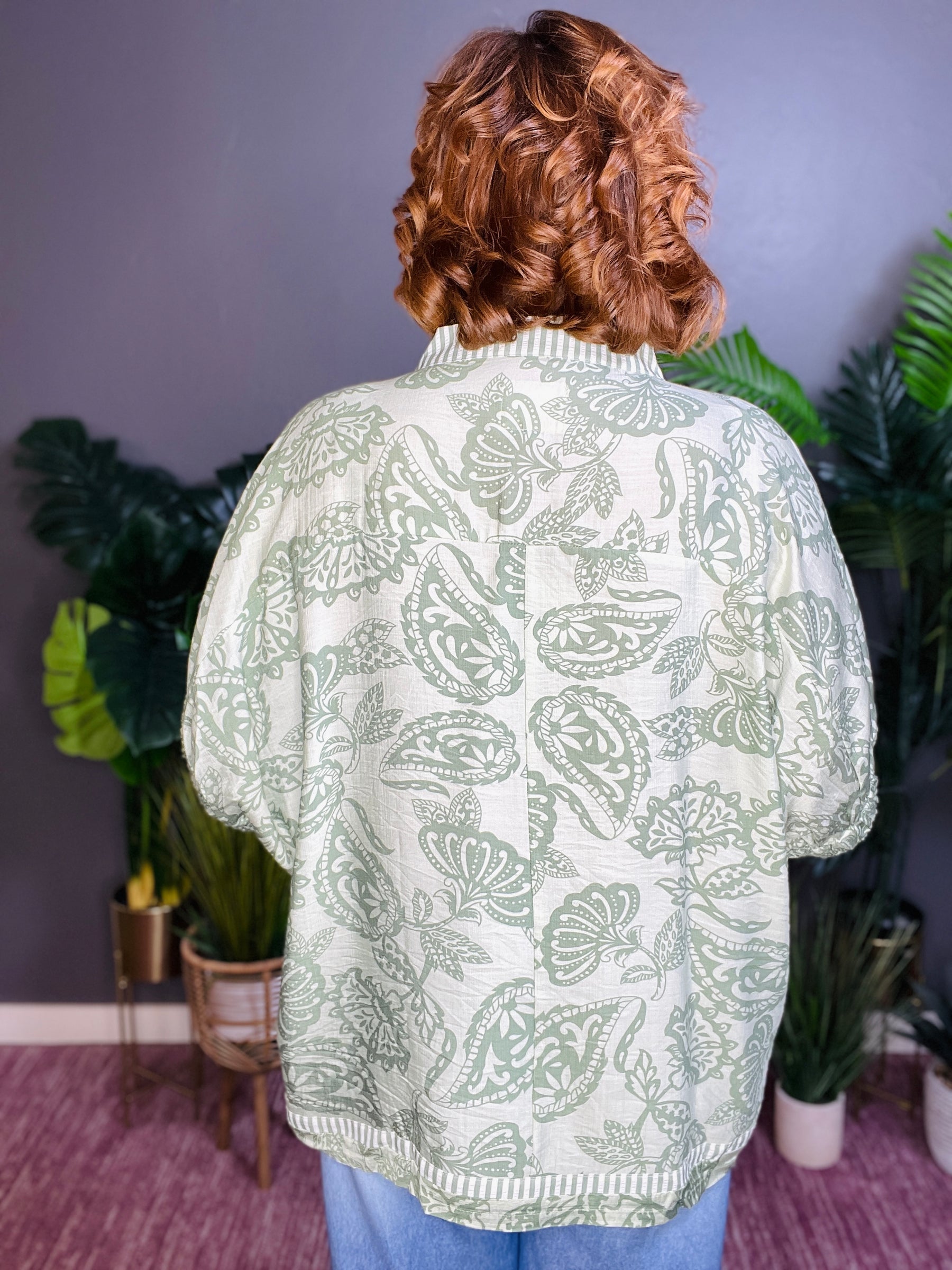 Do It Again Botanical Print Mixed Trim Top