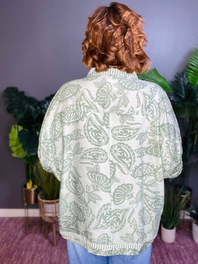 Do It Again Botanical Print Mixed Trim Top