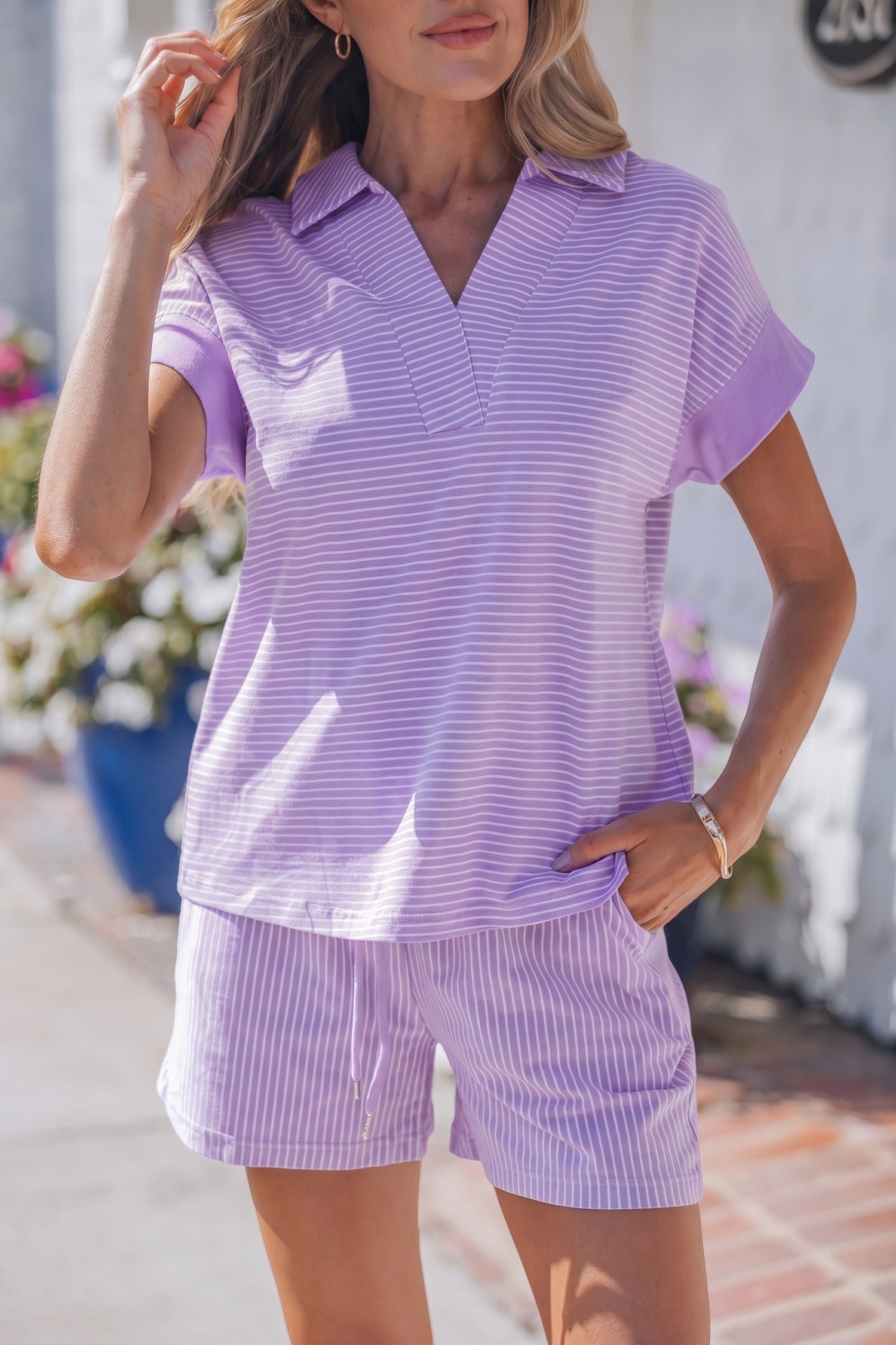 Let's Do This Purple Stripe Top And Shorts Set