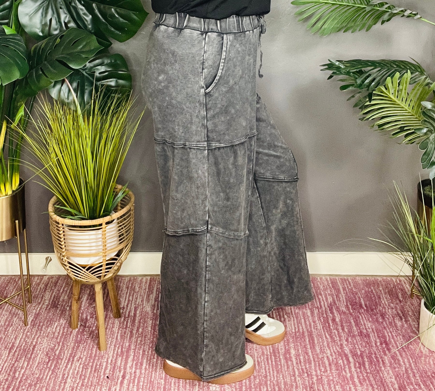 Everyday Comfort Wear Black Mineral Wash Tiered Wide Leg Pants