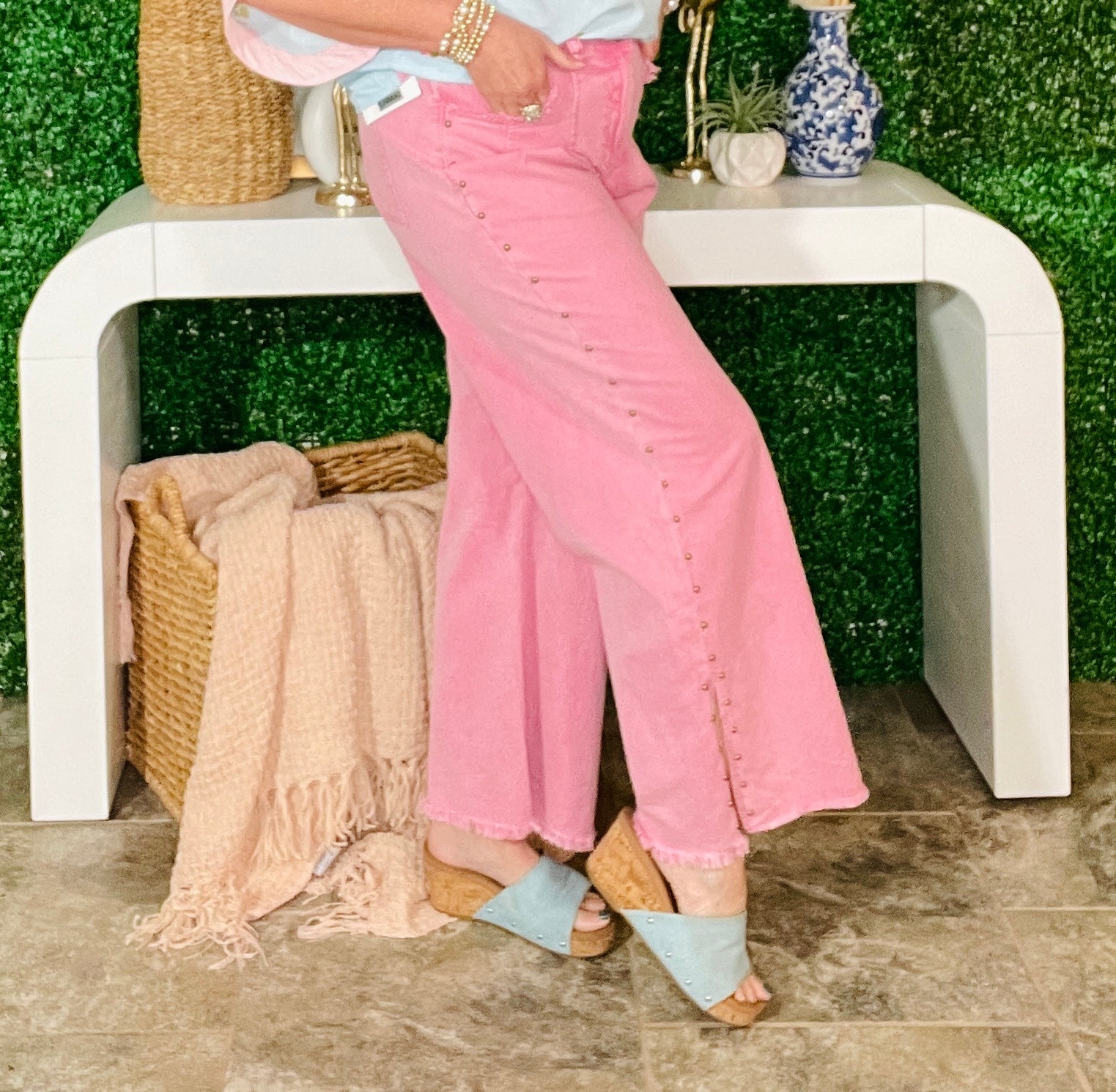 Delaney Pink Studded Side Slit Frayed Wide Leg Jeans
