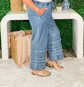 On The Scene Ruffled Hem Wide Leg Chambray Pants