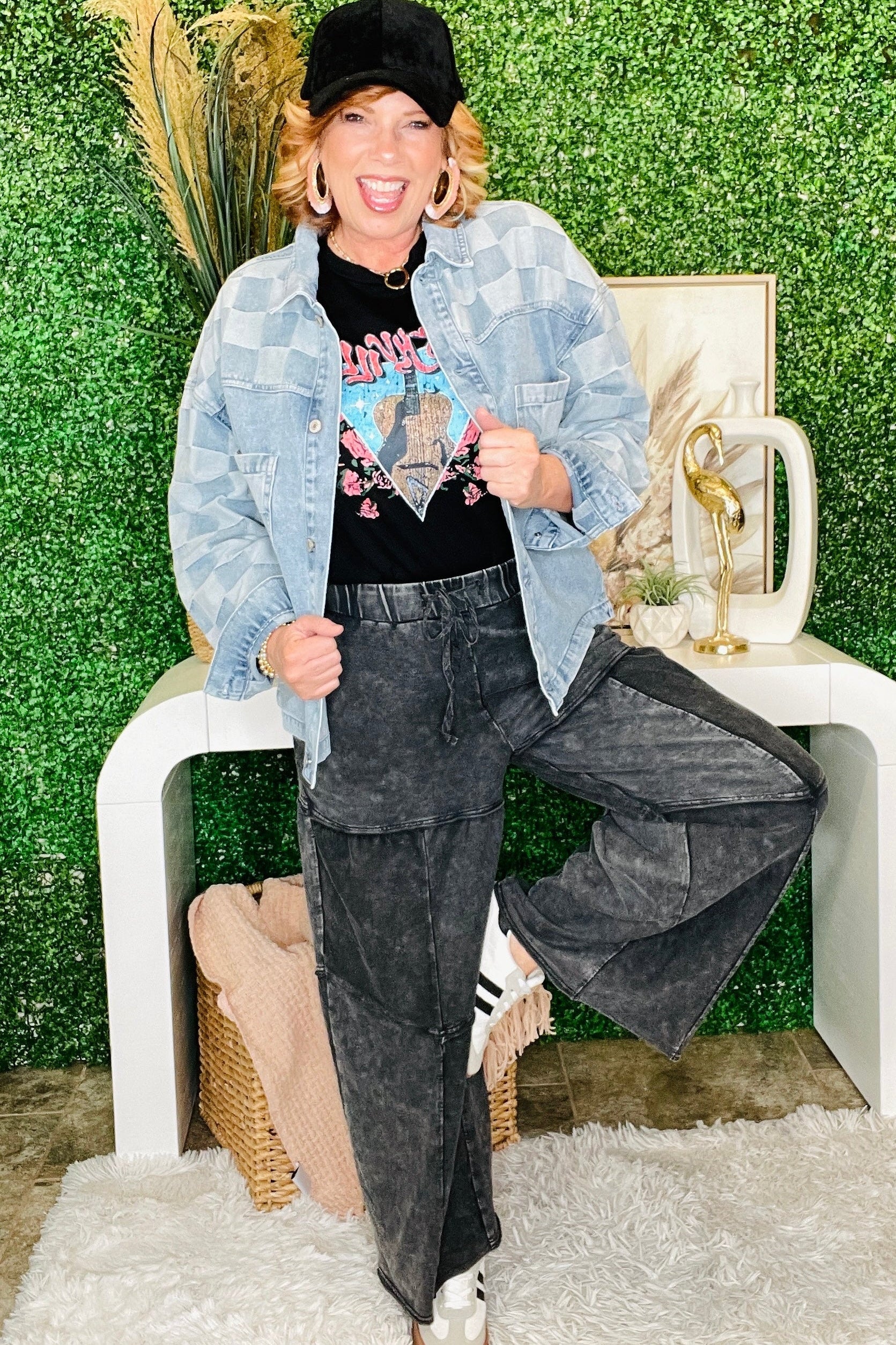 Everyday Comfort Wear Black Mineral Wash Tiered Wide Leg Pants