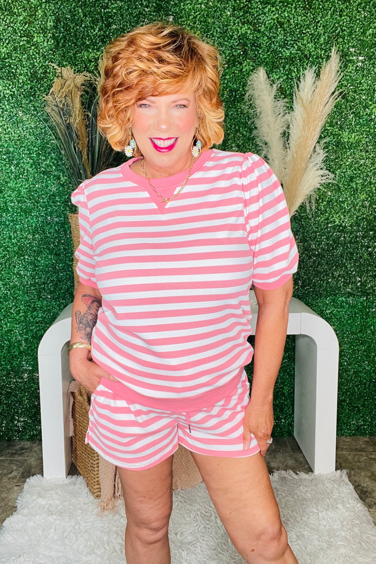 Girl On The Go Pink Stripe Top And Shorts Set