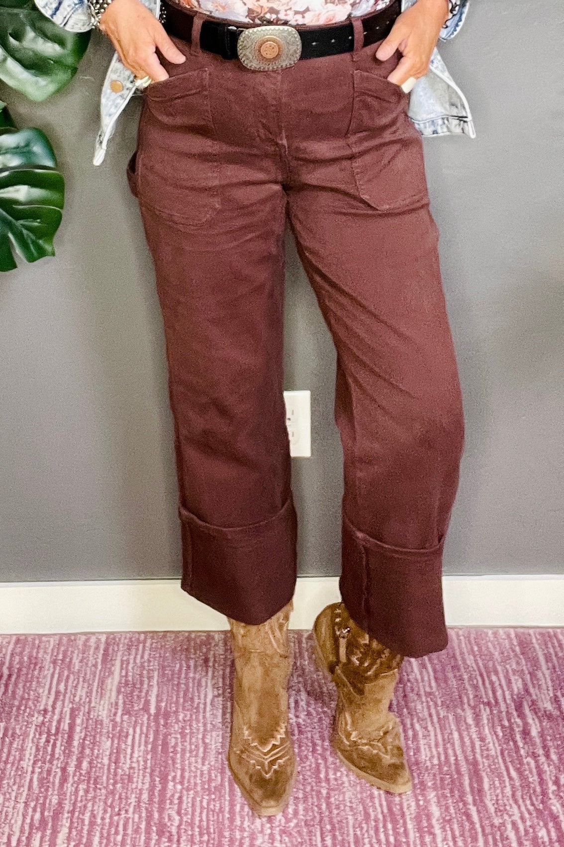 Amber High Rise Wide Straight Cuffed Patch Jeans