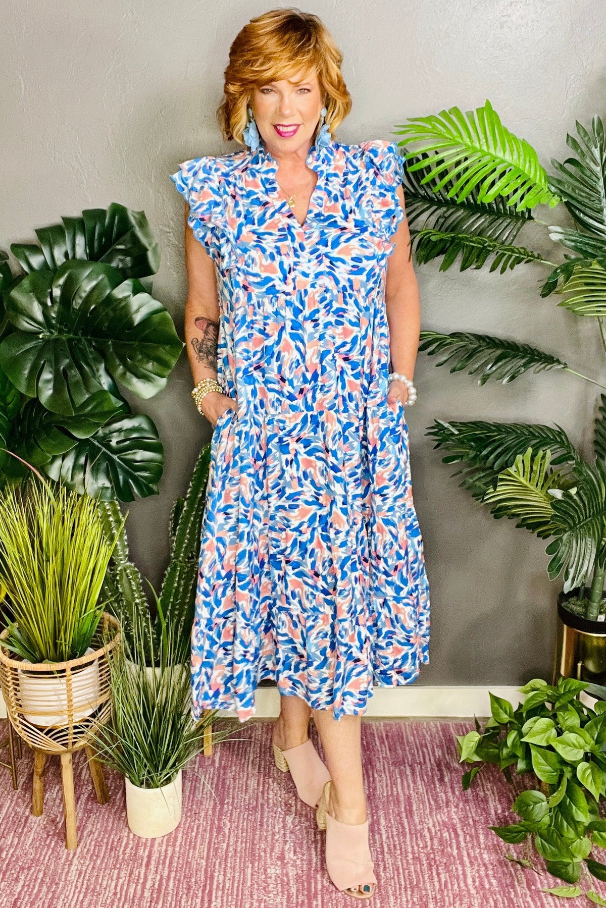 Vacay Charm Leaf Print Midi Tiered Dress