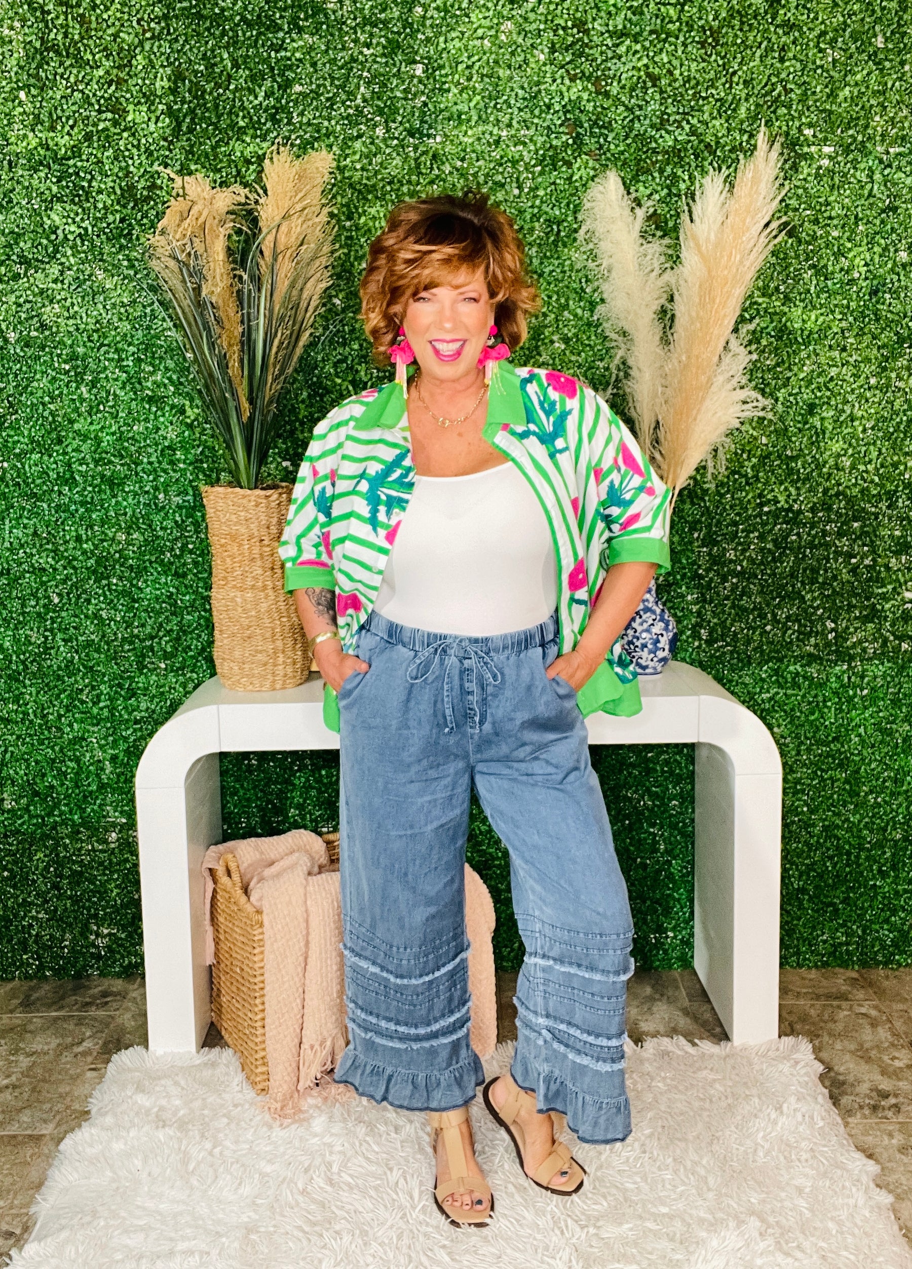 On The Scene Ruffled Hem Wide Leg Chambray Pants