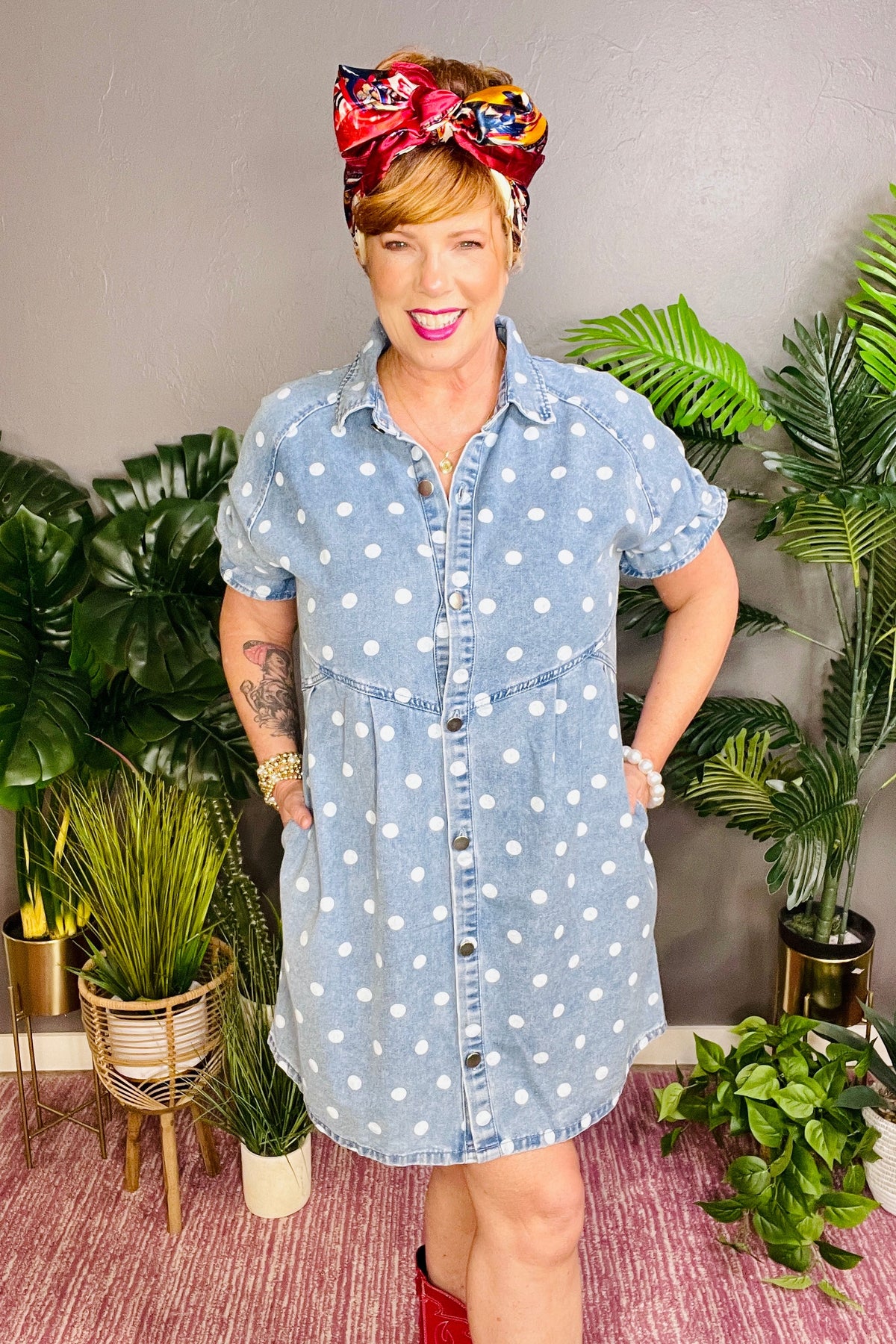 Spotted Around Town Polka Dot Denim Dress