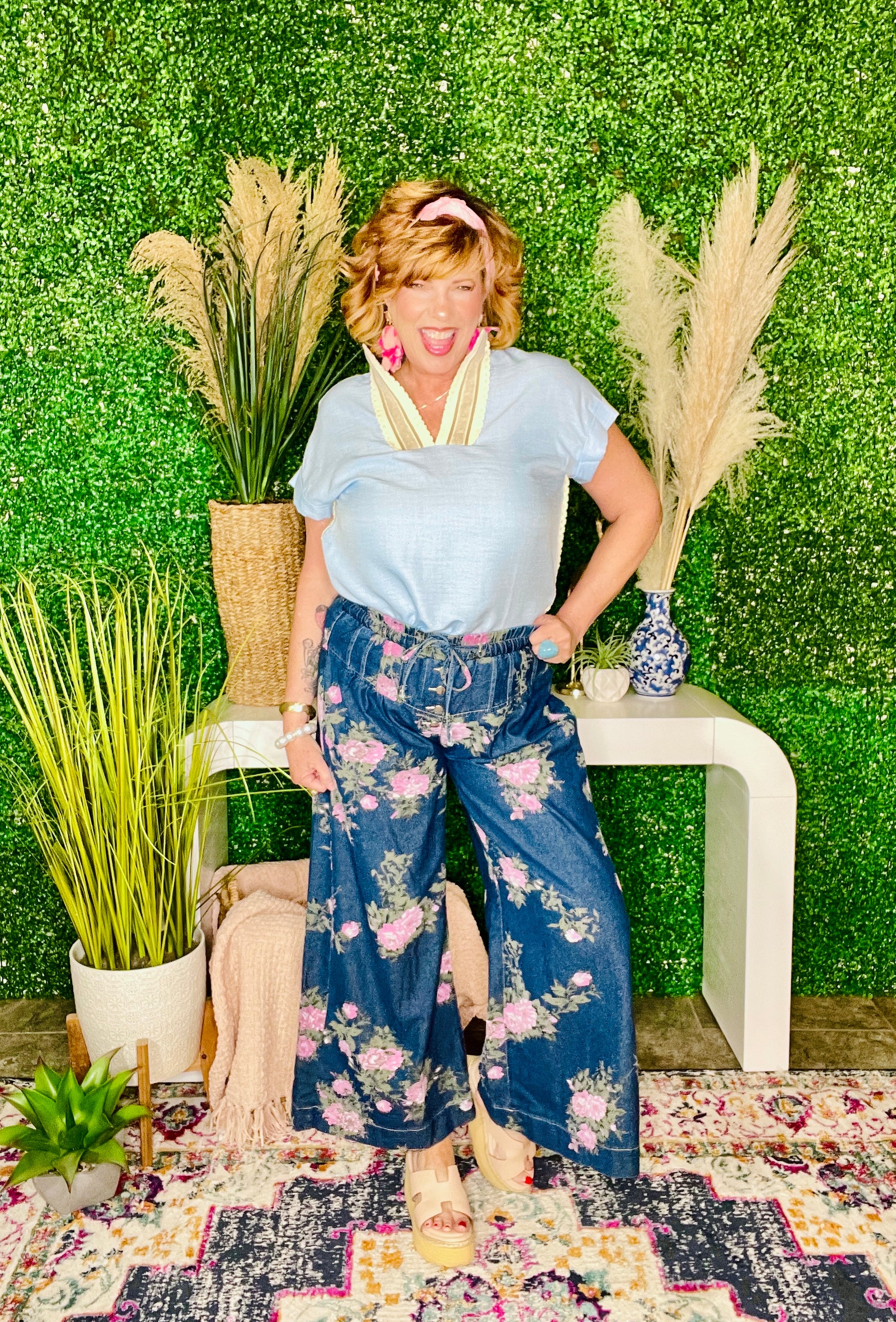 Vintage Rose Floral Print Wide Leg Jeans