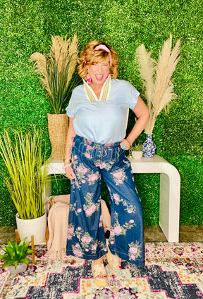Vintage Rose Floral Print Wide Leg Jeans