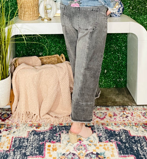Worth Your While Gray Drawstring Wide Leg Denim Pant