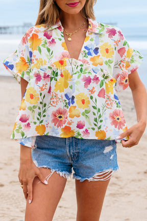 The Floral Edit Yellow Ruffled Sleeve V Neck Top