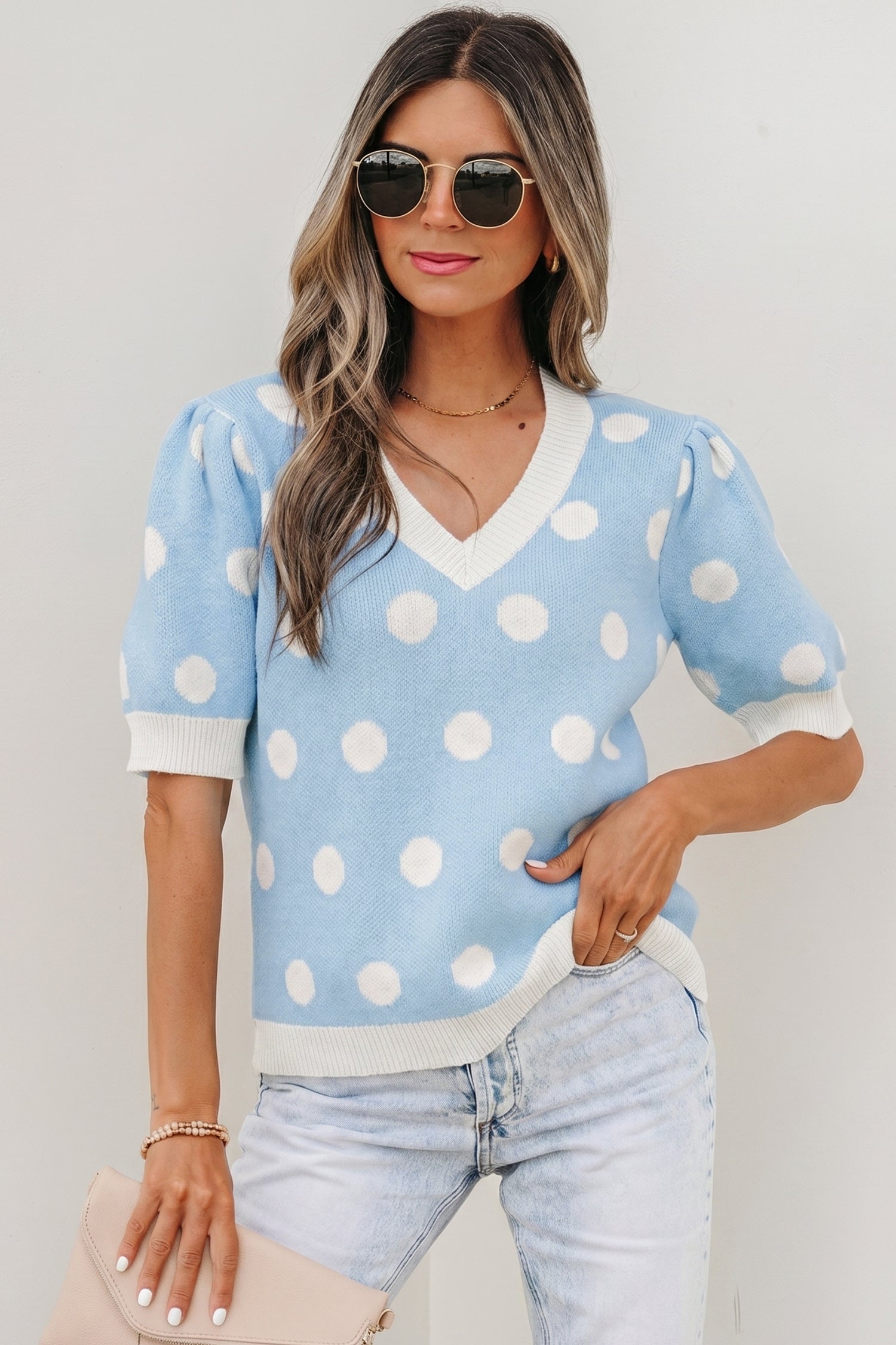 Haute Spot Blue Polka Dot Sweater Top
