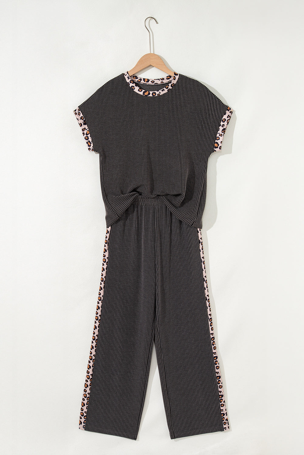 Cozy Horizon Leopard Ribbed Top and Cropped Pants Set