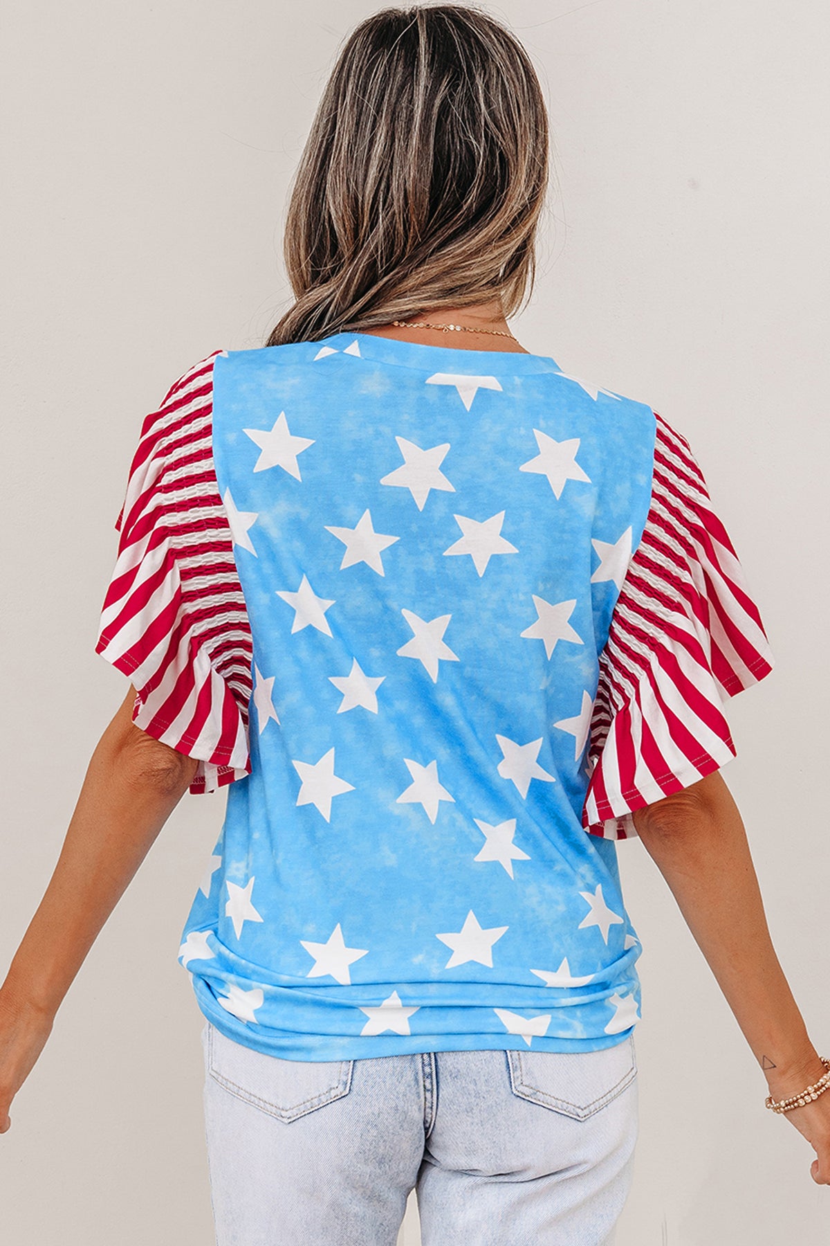 Raised On Freedom Vintage Star Print Striped Ruffle Sleeve Top