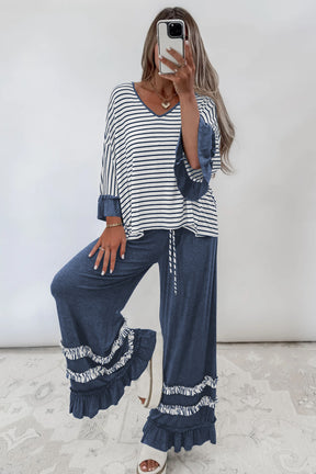Ruffle Me Cozy Blue Top And Pant Set