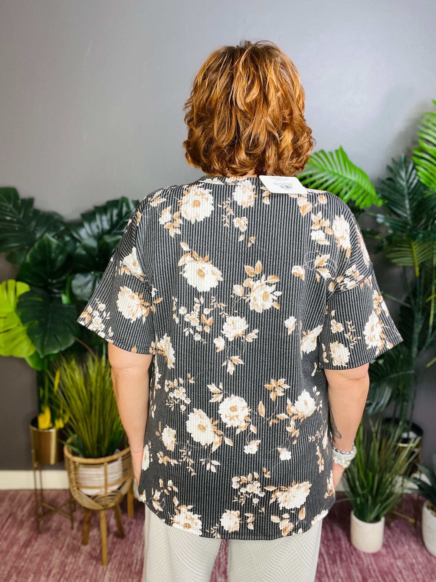 See You Soon Ribbed Floral Top - S442BK