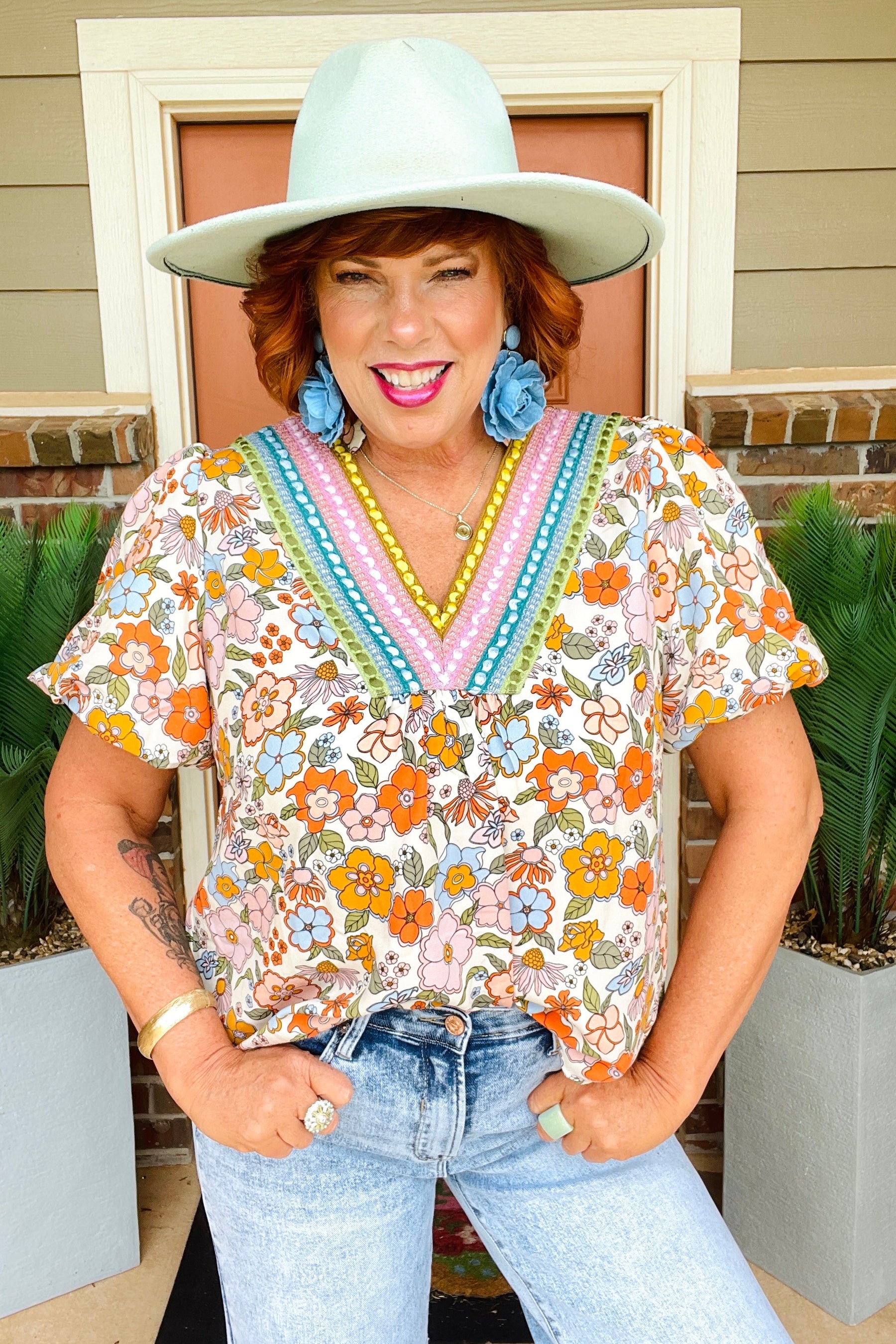 Sunshine Blooms Puff Sleeve Boho Flower Top