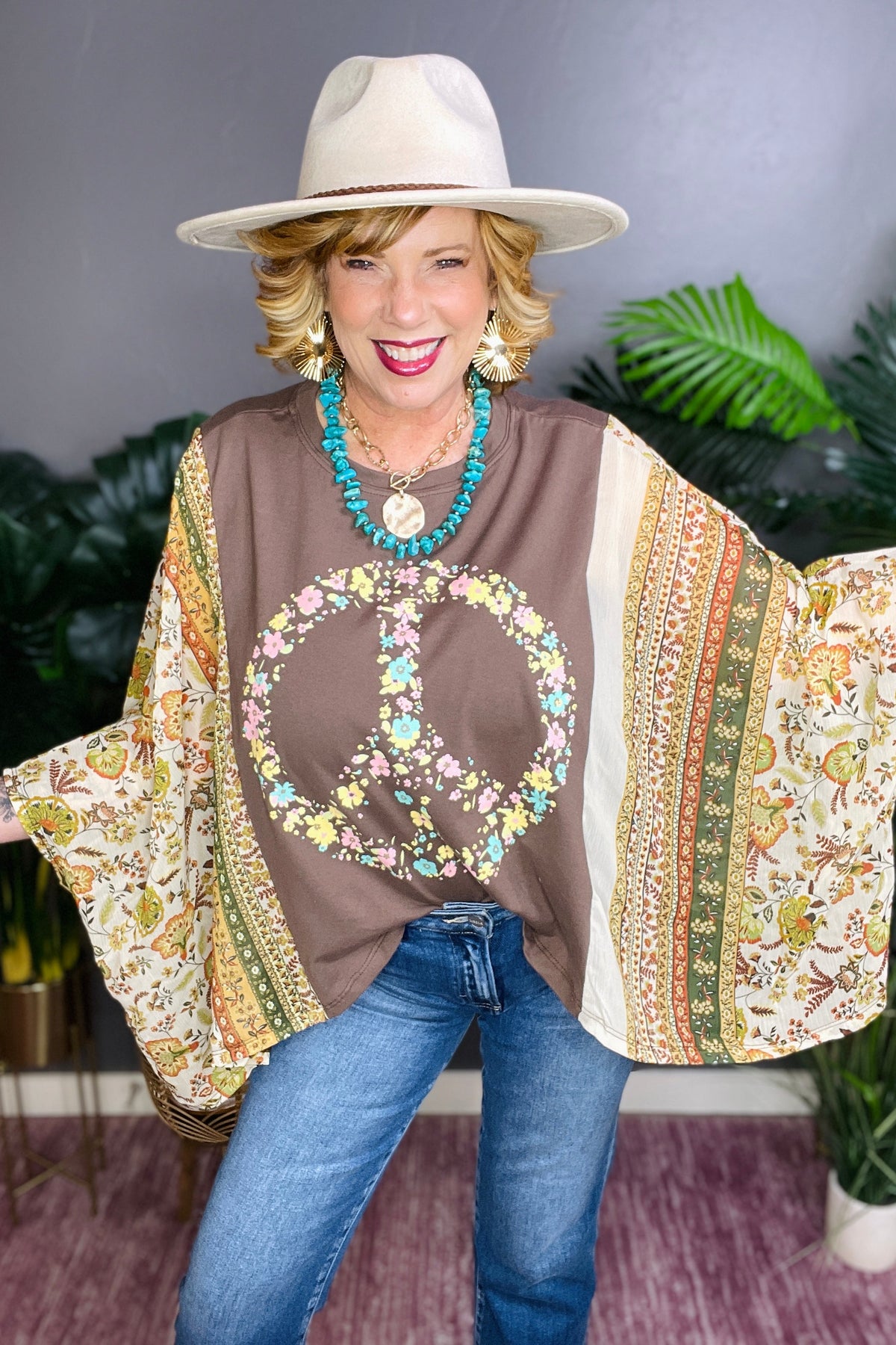 Live In Peace Flutter Sleeves Brown Top - S160BR