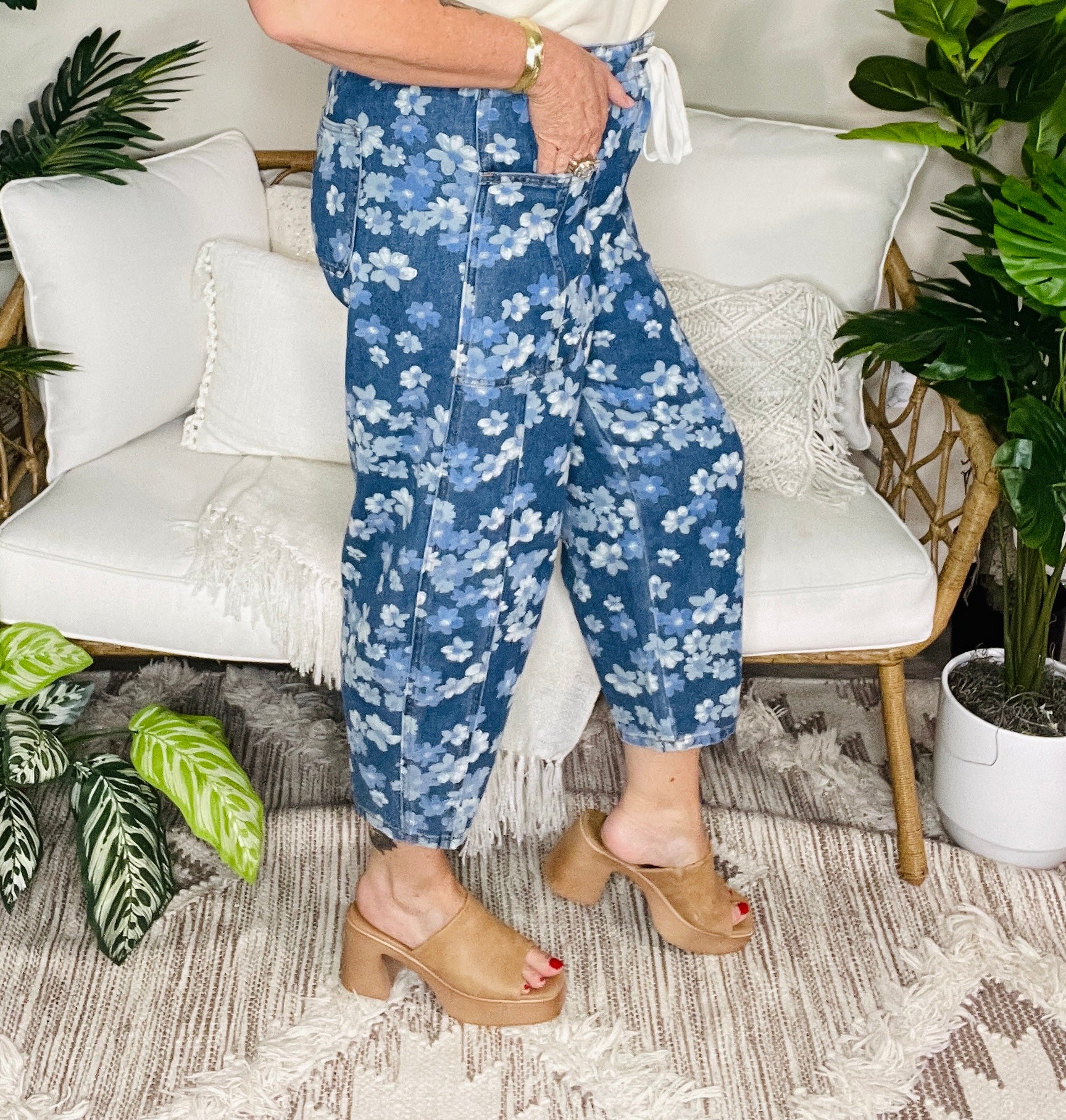 Boho Living Floral Printed Drawstring Barrel Jeans