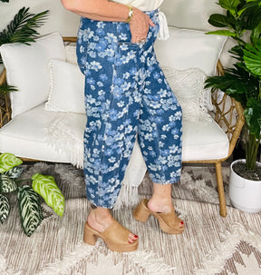 Boho Living Floral Printed Drawstring Barrel Jeans