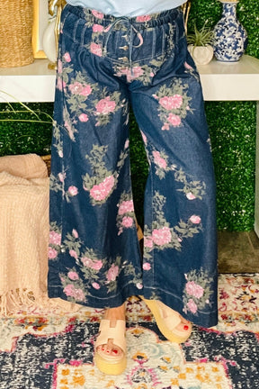 Vintage Rose Floral Print Wide Leg Jeans