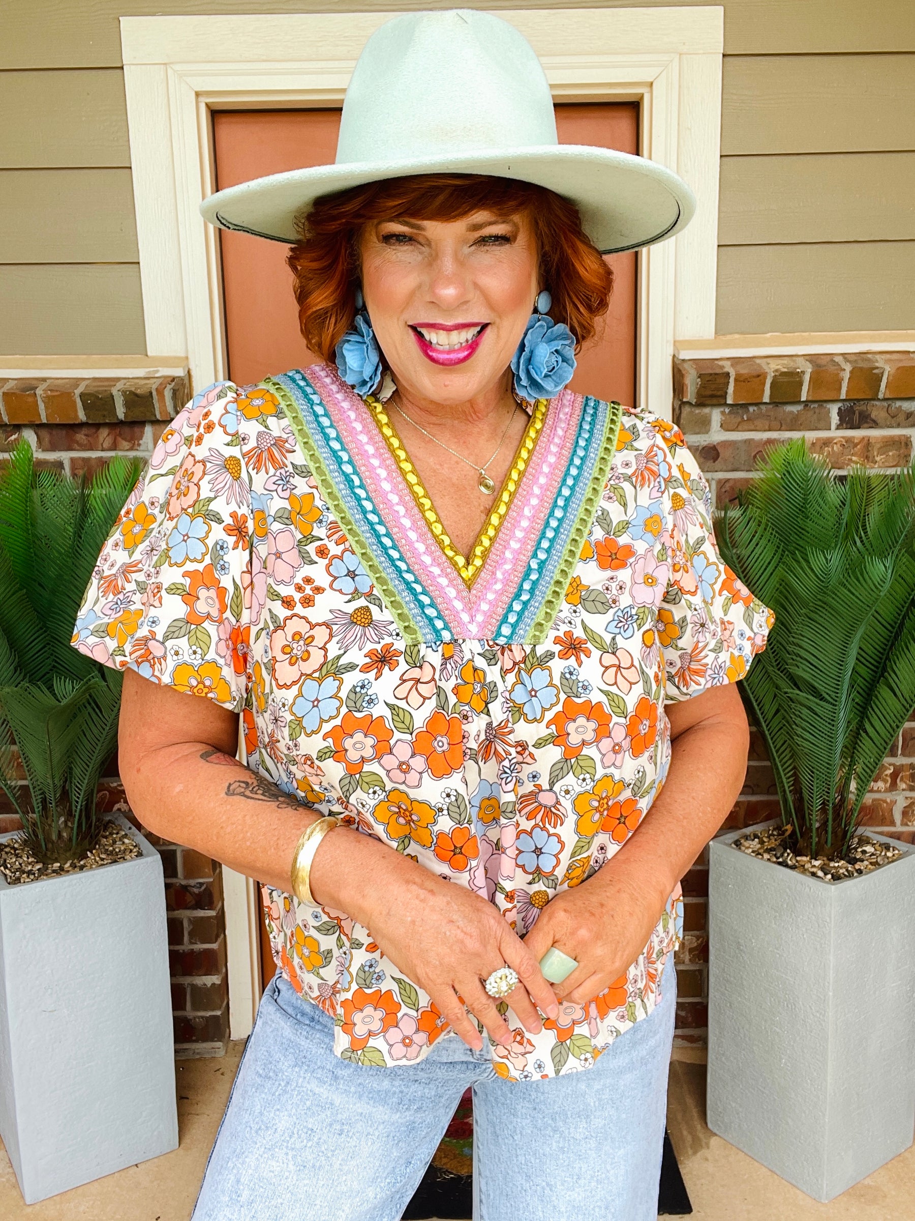 Sunshine Blooms Puff Sleeve Boho Flower Top