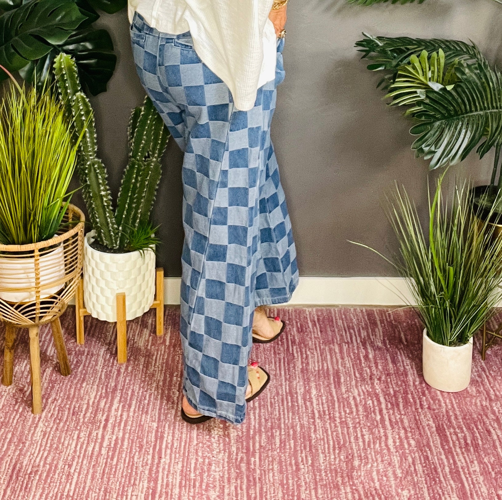 Look In Check Denim Wide Leg Jeans