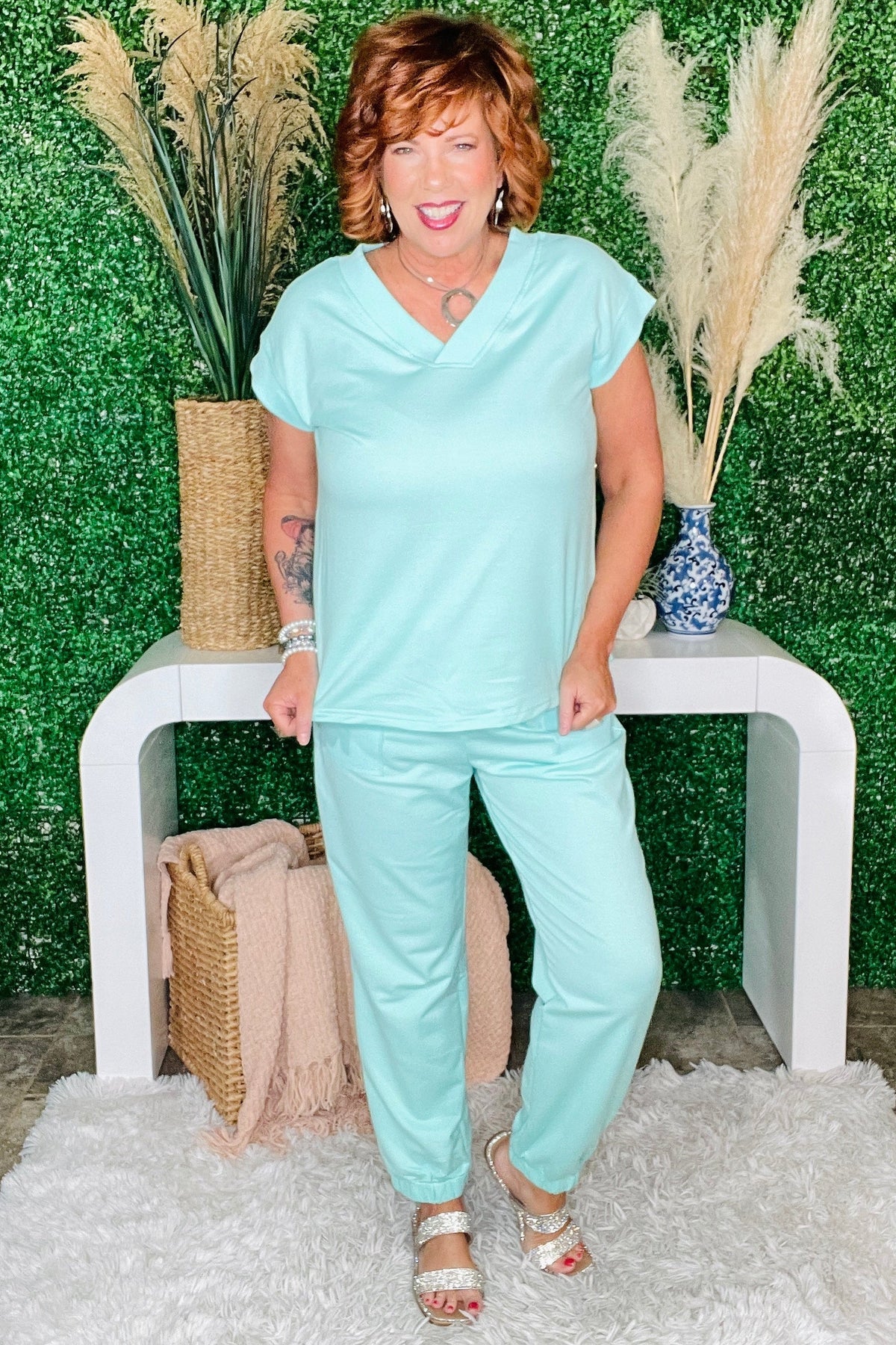 I Want Candy Mint V Neck Top And Drawstring Pant Set
