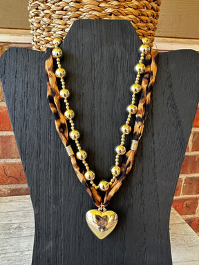 Mixed Beads Heart Charm Leopard Scarf Necklace - N156LE