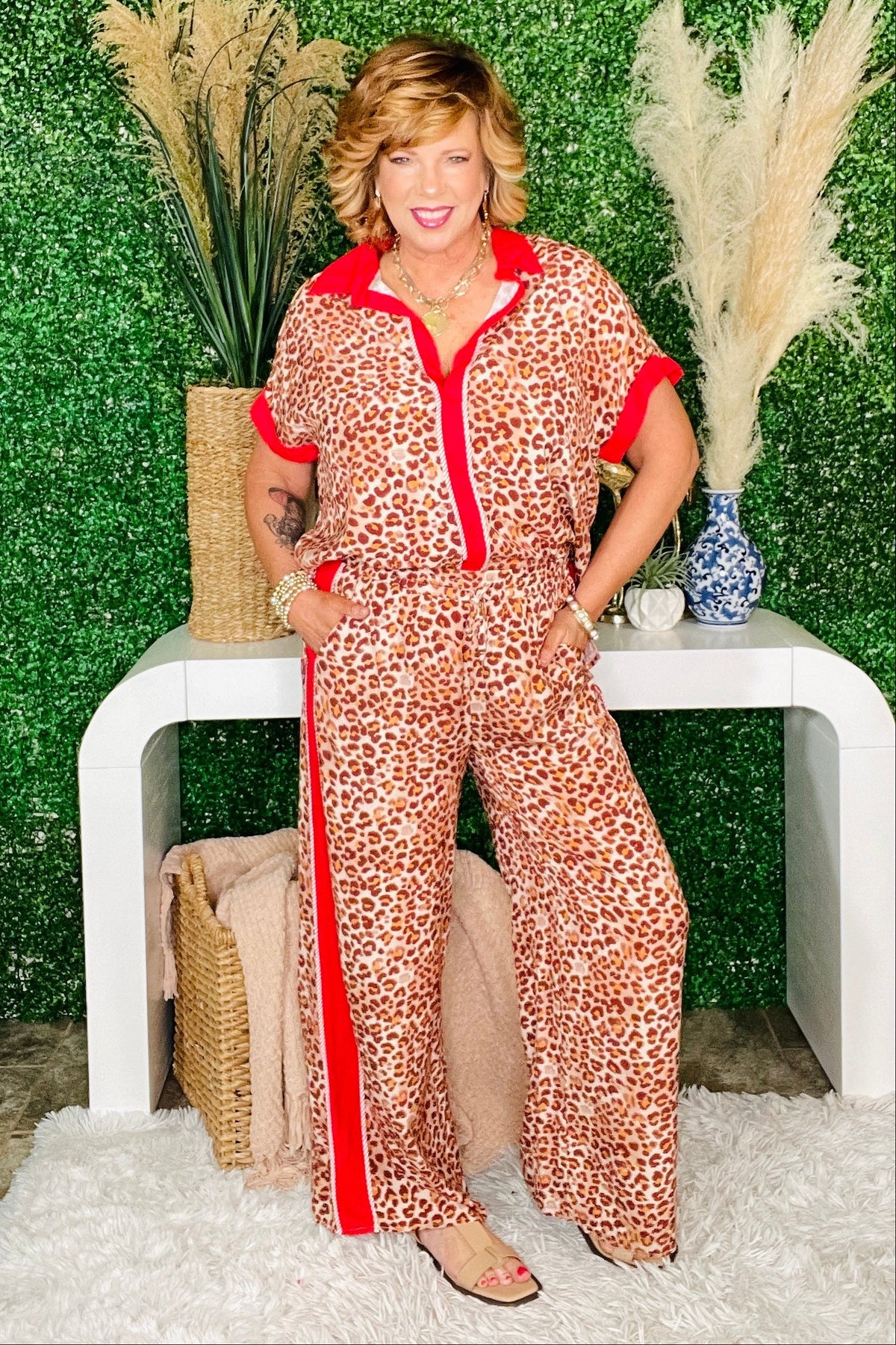 Time To Relax Leopard Red Stripe Top and Pants Set