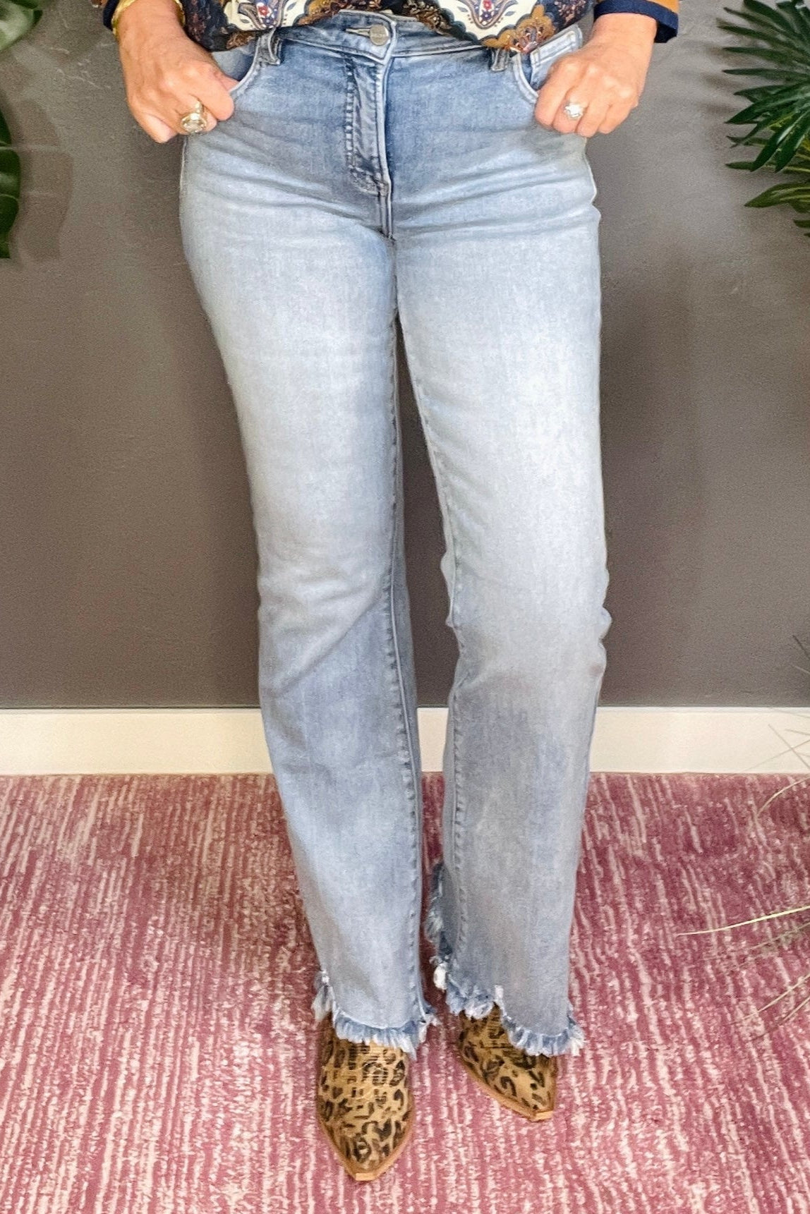 Avery Full Size Tummy Control Mid Rise Flare Jeans with Fray Hem Detailed