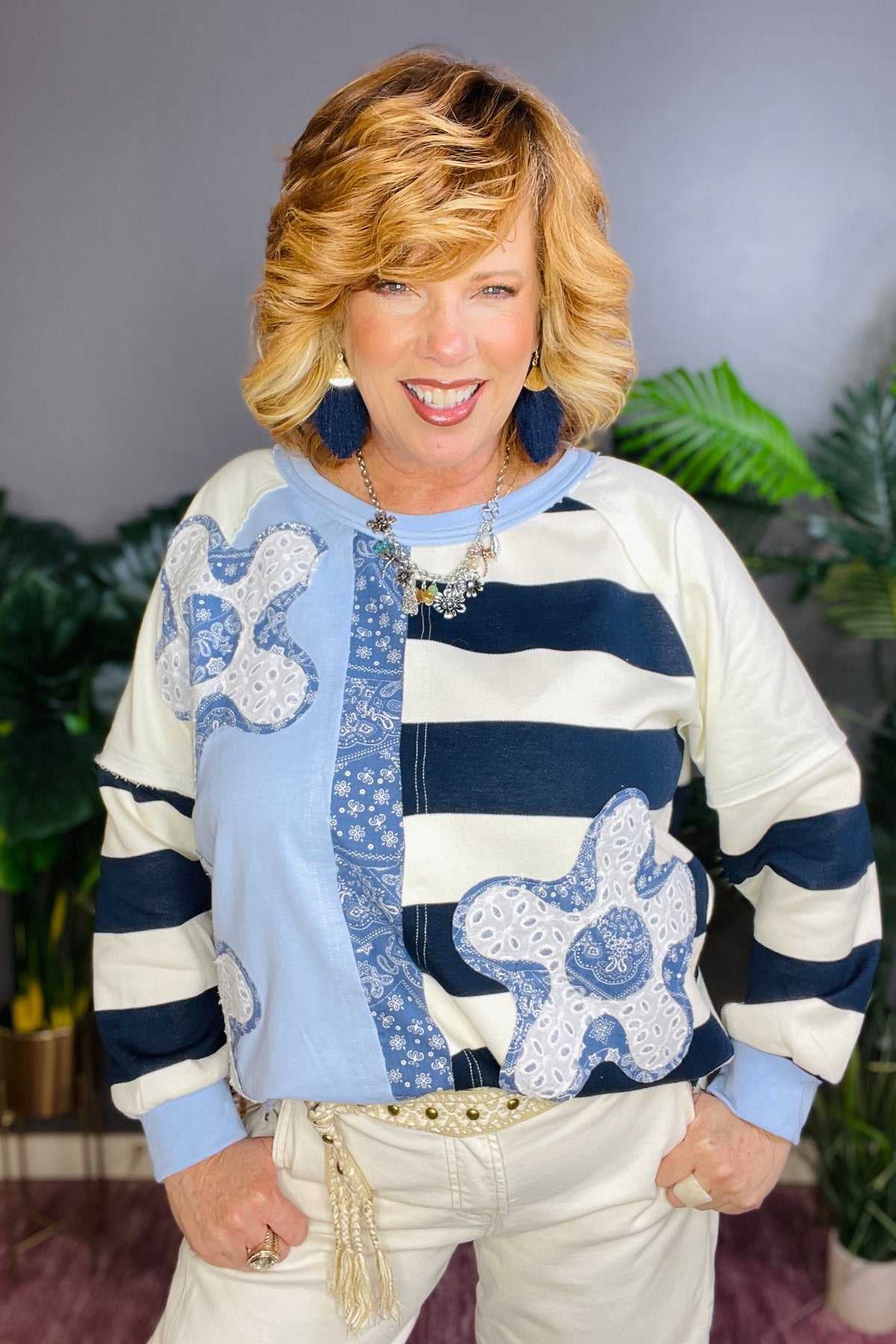 Flower Kissed Patchwork Striped Sweatshirt