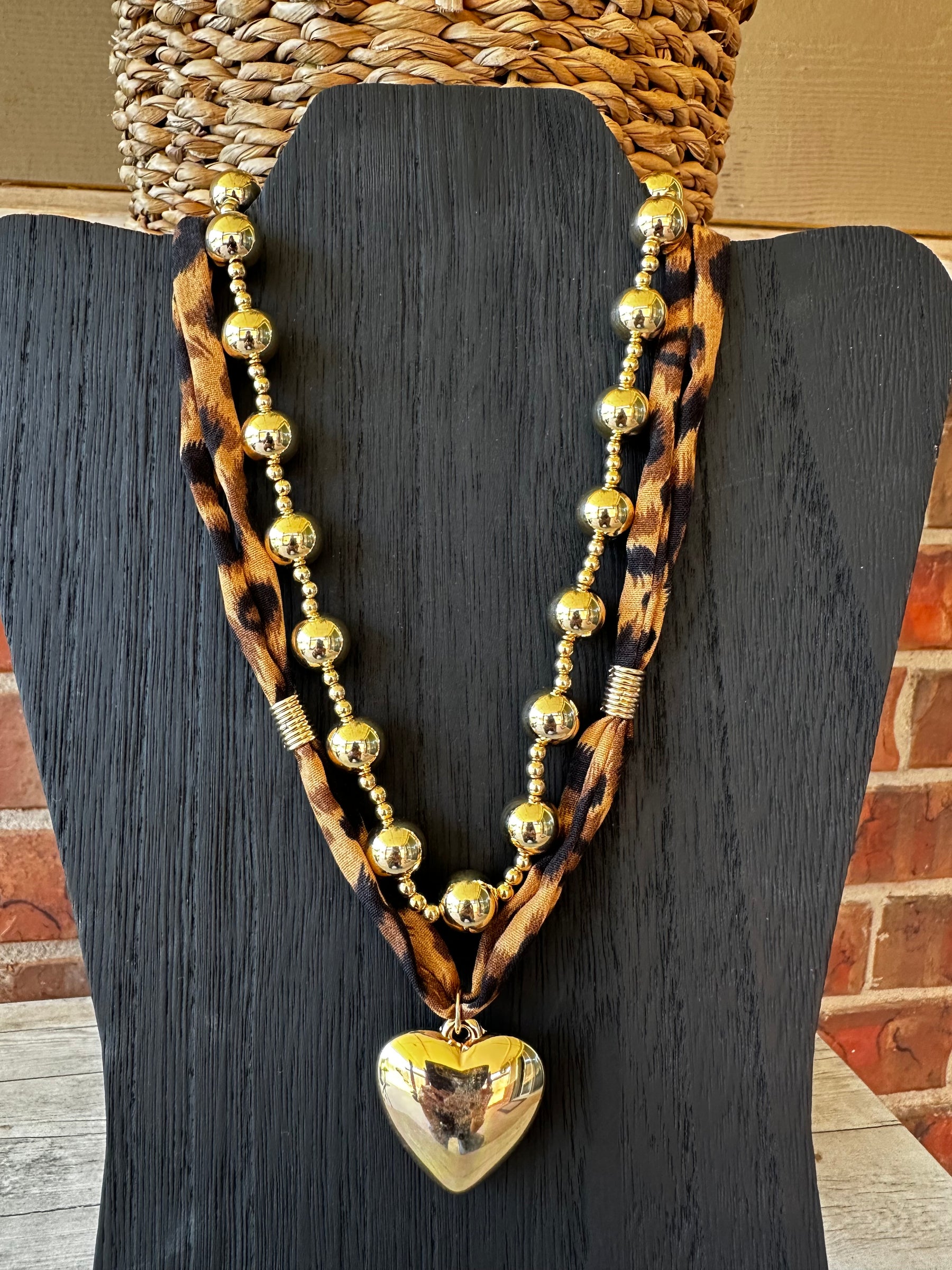 Mixed Beads Heart Charm Leopard Scarf Necklace - N156LE