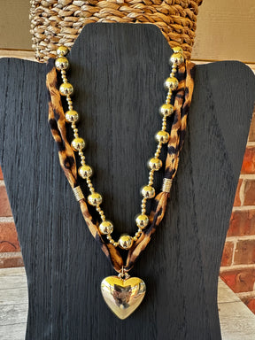 Mixed Beads Heart Charm Leopard Scarf Necklace - N156LE