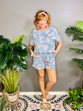 Denim And Roses Vintage Top And Short Set