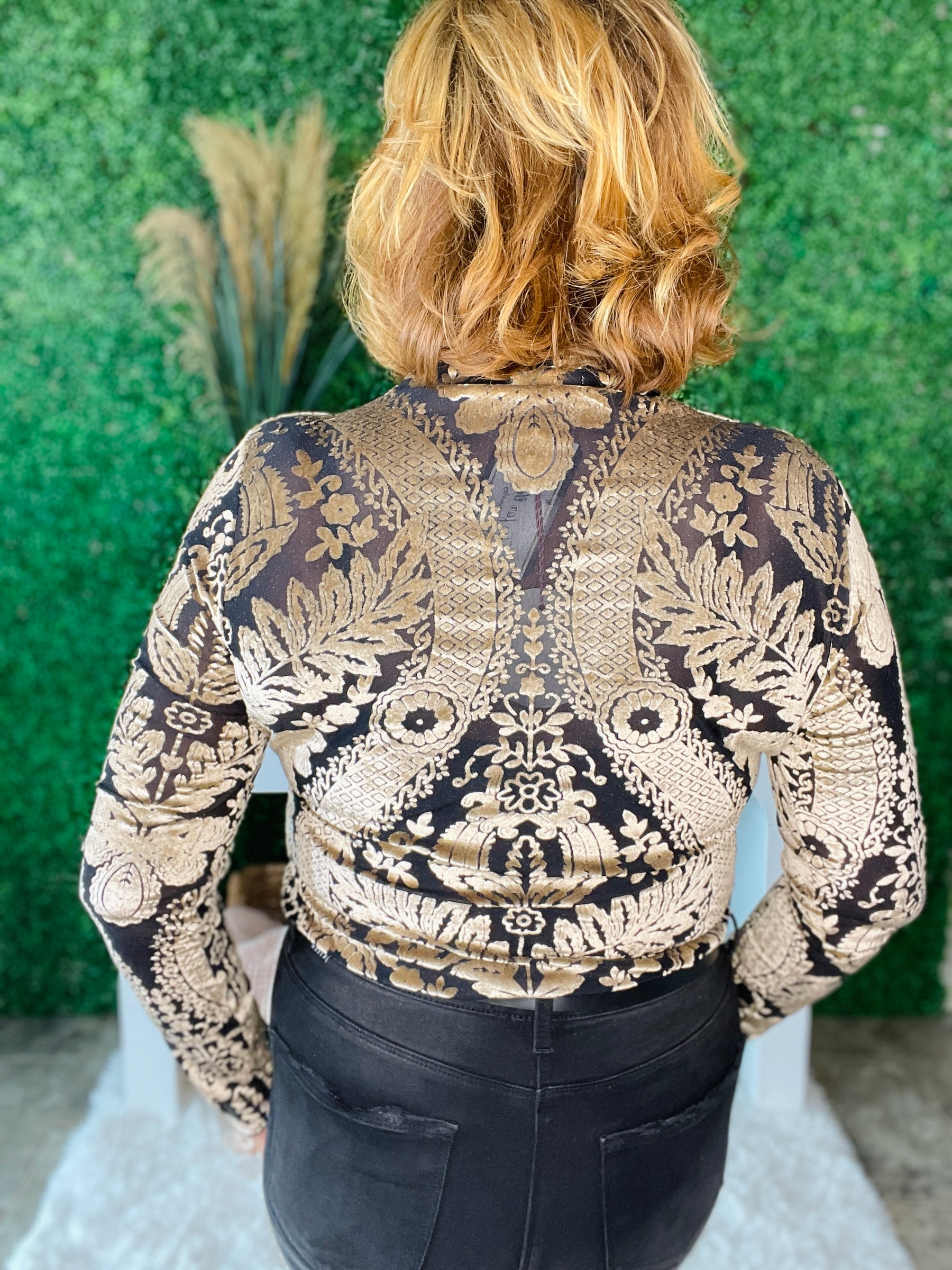 Luxe Glow Up Damask Print Velvet Burnout Top