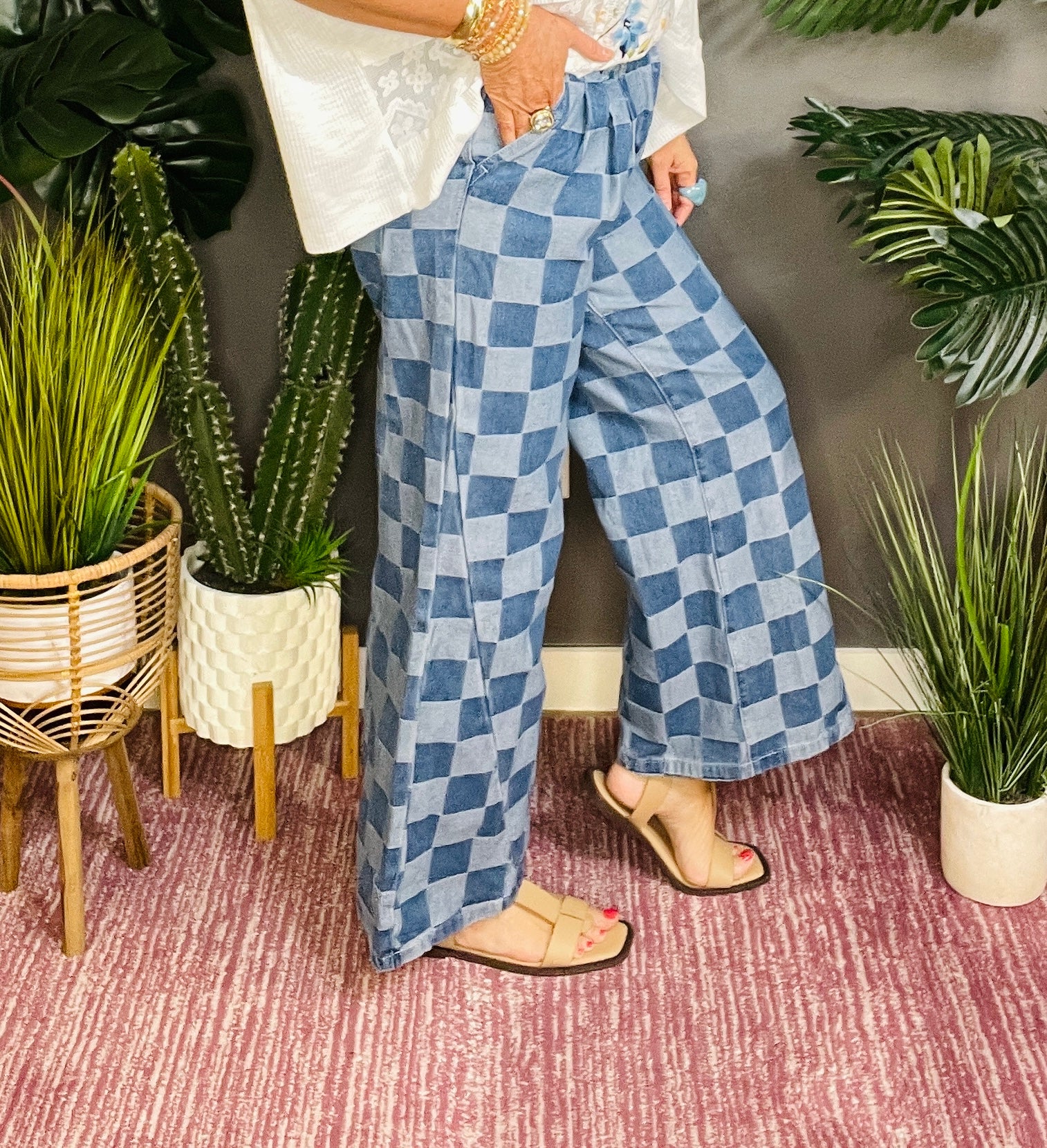 Look In Check Denim Wide Leg Jeans
