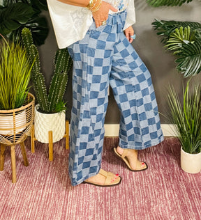 Look In Check Denim Wide Leg Jeans